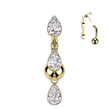 Gold PVD Plated Titanium Threadless Trinity Teardrop Floating Belly Bar