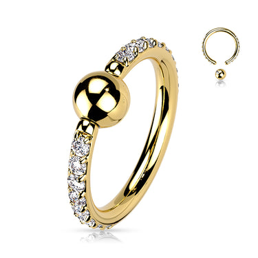 Gold Titanium Captive Bead Ring with Outward Pave Cubic Zirconia Sides