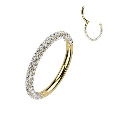 Yellow Gold Titanium Hinged Segment Hoop with 3 Pave Cubic Zirconia Sides