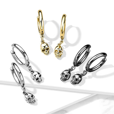 Black Plated Surgical Steel Skull Dangle Hinged Hoop Earring (PAIR)