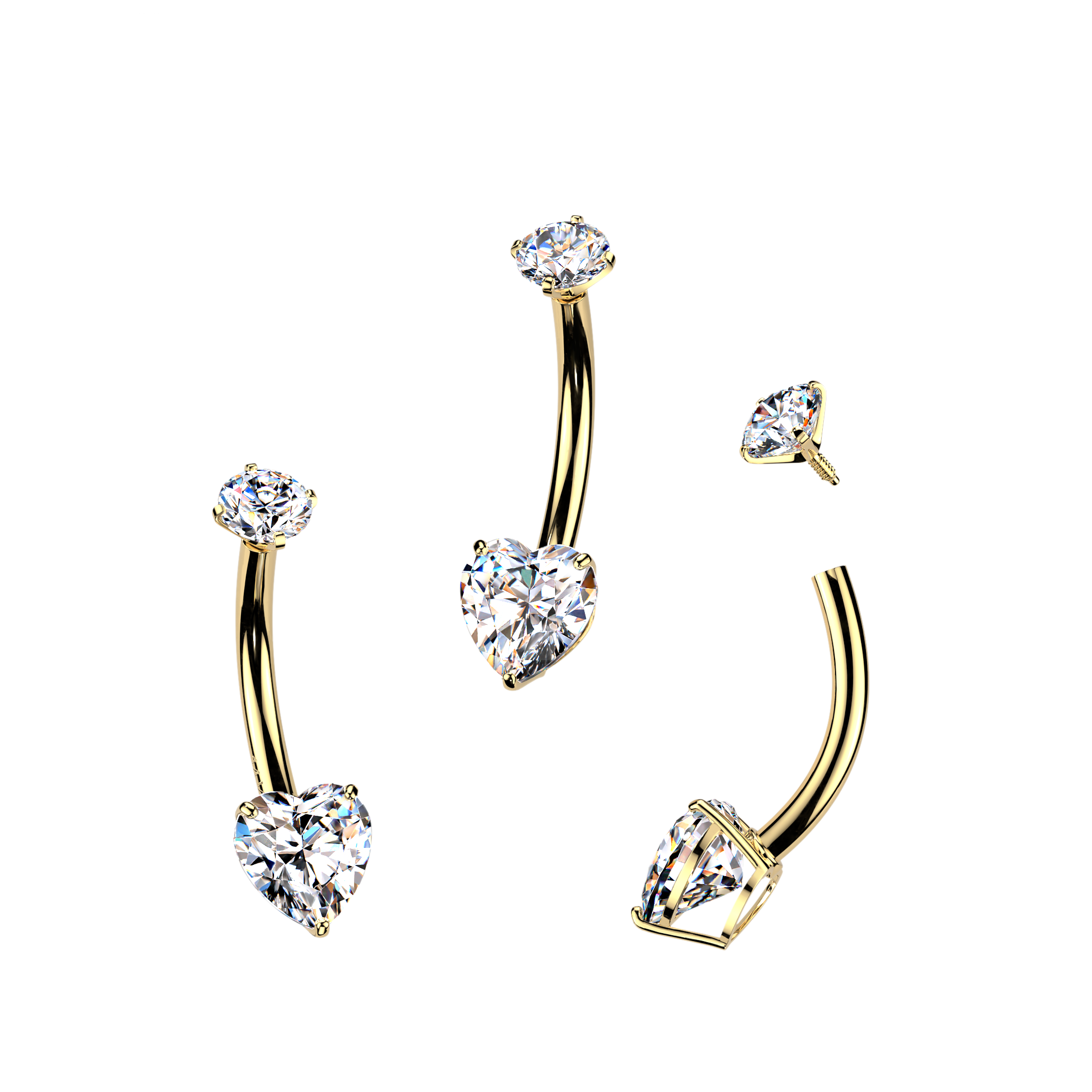 14K Gold Internally Threaded Double Jewelled Prong Set Heart Cubic Zirconia Belly Ring