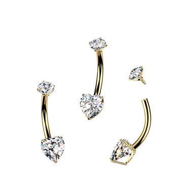 14K Gold Internally Threaded Double Jewelled Prong Set Heart Cubic Zirconia Belly Ring