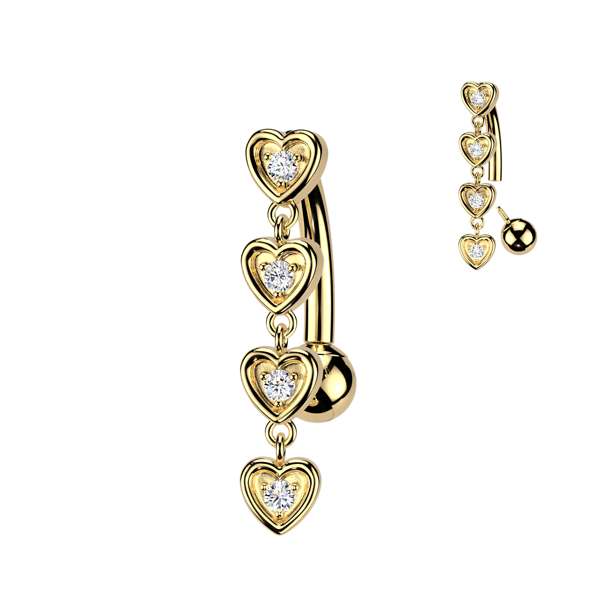 14K Gold Internally Threaded Reverse Belly Ring With Cubic Zirconia Heart Dangles