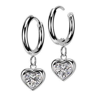 Surgical Steel Cubic Zirconia Heart Dangle Hinged Hoop Earring (PAIR)