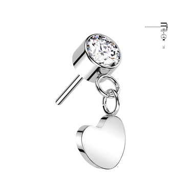 Implant Grade Titanium Threadless Push In Round Bezel Set CZ With Heart Dangle