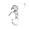 Implant Grade Titanium Threadless Push In Round Bezel Set CZ With Heart Dangle