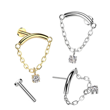 Gold Plated Titanium Threadless Chain Linked Curved Bar with Cubic Zirconia Dangle