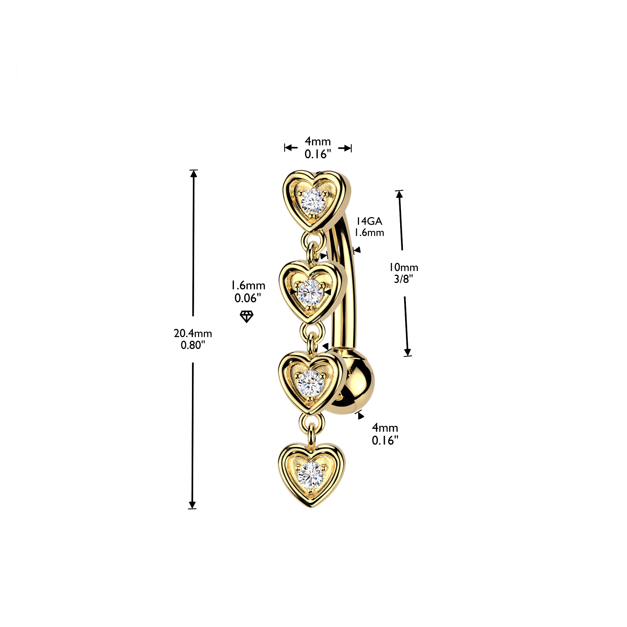 14K Gold Internally Threaded Reverse Belly Ring With Cubic Zirconia Heart Dangles