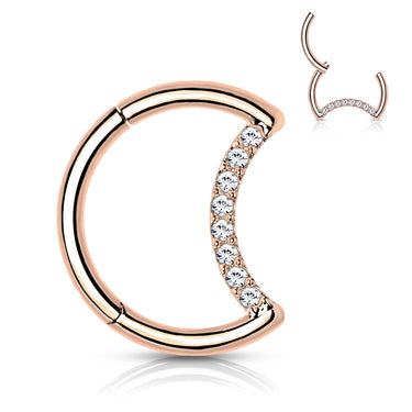 Rose Gold Plated Titanium Hinged Segment Hoop with Pave Cubic Zirconia Crescent Moon