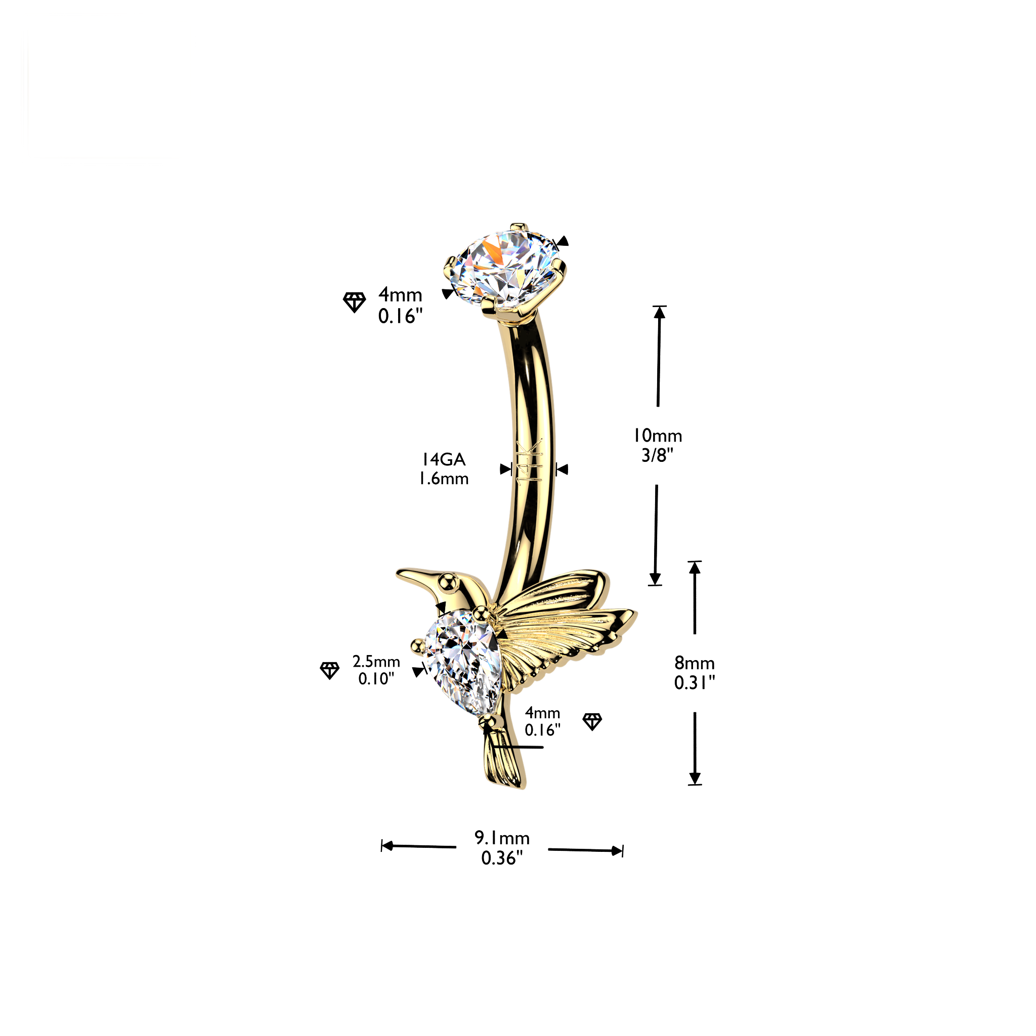 Hummingbird Kiss Belly Dangle in 14K Yellow Gold