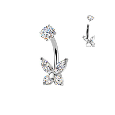 Internally Threaded Prong Set Butterfly Cubic Zirconia Belly Ring