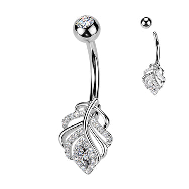 316L Surgical Steel Belly Ring with CZ Leaf & Top