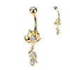Gold Plated 316L Belly Ring With Lotus Flower & CZ Vine Dangle