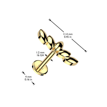 Gold Plated Surgical Steel Internally Threaded Labret Stud With 3D Marquise Leaf