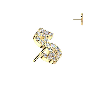 Gold Plated Titanium Threadless Push‑In Pave Cubic Zirconia Dollar Sign