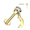 Internally Threaded 14K Yellow Gold Bezel Set CZ Top and Crescent Moon Dangle Labret