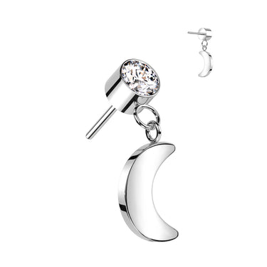 Titanium Threadless Push In Round Bezel Set CZ With Crescent Moon Dangle