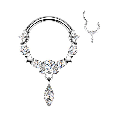 Titanium Moon and Star Segment Hoop Ring With Marquise CZ Dangle