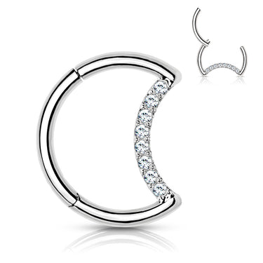 Implant Grade Titanium Hinged Segment Hoop with Pave Cubic Zirconia Crescent Moon