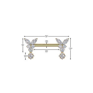 Gold Plated Surgical Steel Threadless Butterfly Nipple Barbell With CZ Dangle