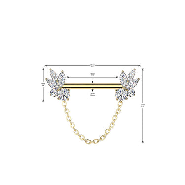 Gold Plated Steel Threadless Push In Marquise CZ Fan Nipple Barbell With Chain Dangle