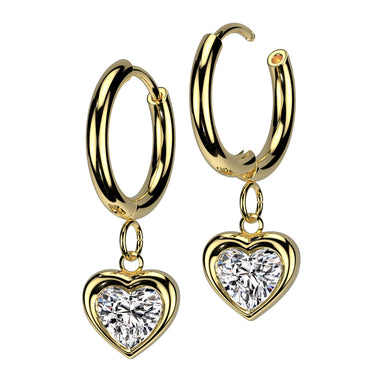 Gold Surgical Steel Cubic Zirconia Heart Dangle Hinged Hoop Earring (PAIR)