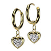 Gold Surgical Steel Cubic Zirconia Heart Dangle Hinged Hoop Earring (PAIR)