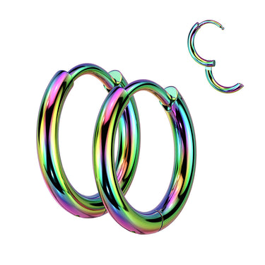 Rainbow Plated 2mm Surgical Steel Hinged Round Hoop Earrings (PAIR)