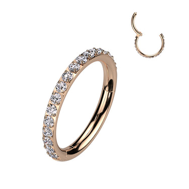 Rose Gold Titanium Seamless Hinged Clicker Hoop with SIDE Gem Pave
