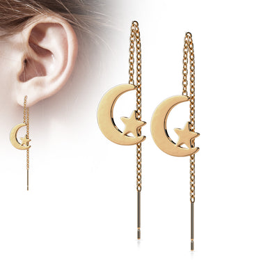 Rose Gold Plated Surgical Steel Free Falling Moon and Star Threader Earrings (PAIR)