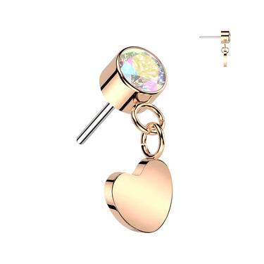 Rose Gold Plated Titanium Threadless Push In Round Bezel Set CZ With Heart Dangle
