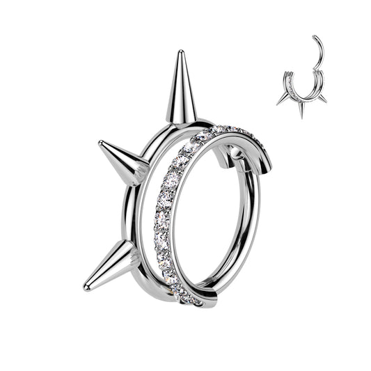 Implant Grade Titanium Stacked Paved Hoop Earring with Triple Spike