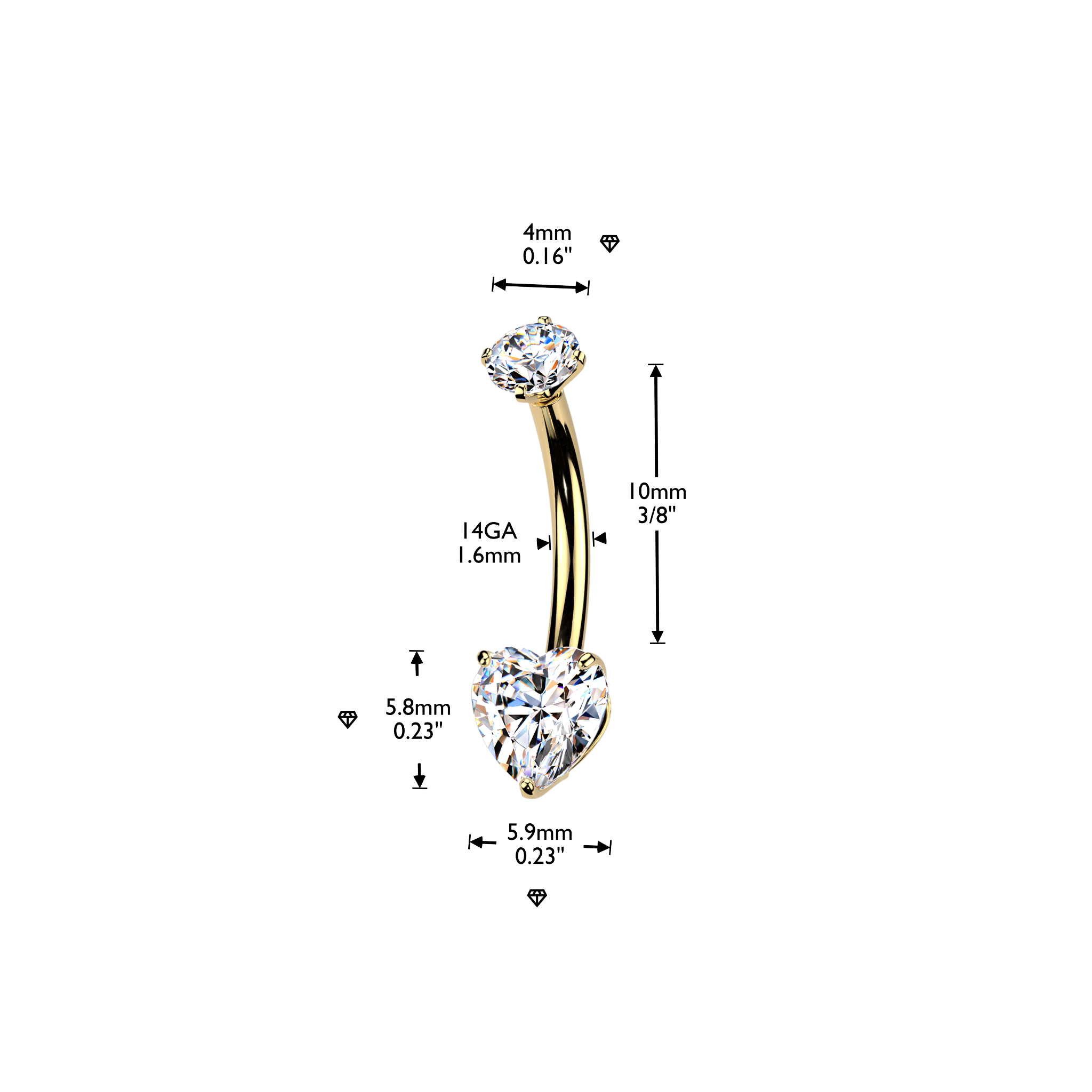 14K Gold Internally Threaded Double Jewelled Prong Set Heart Cubic Zirconia Belly Ring