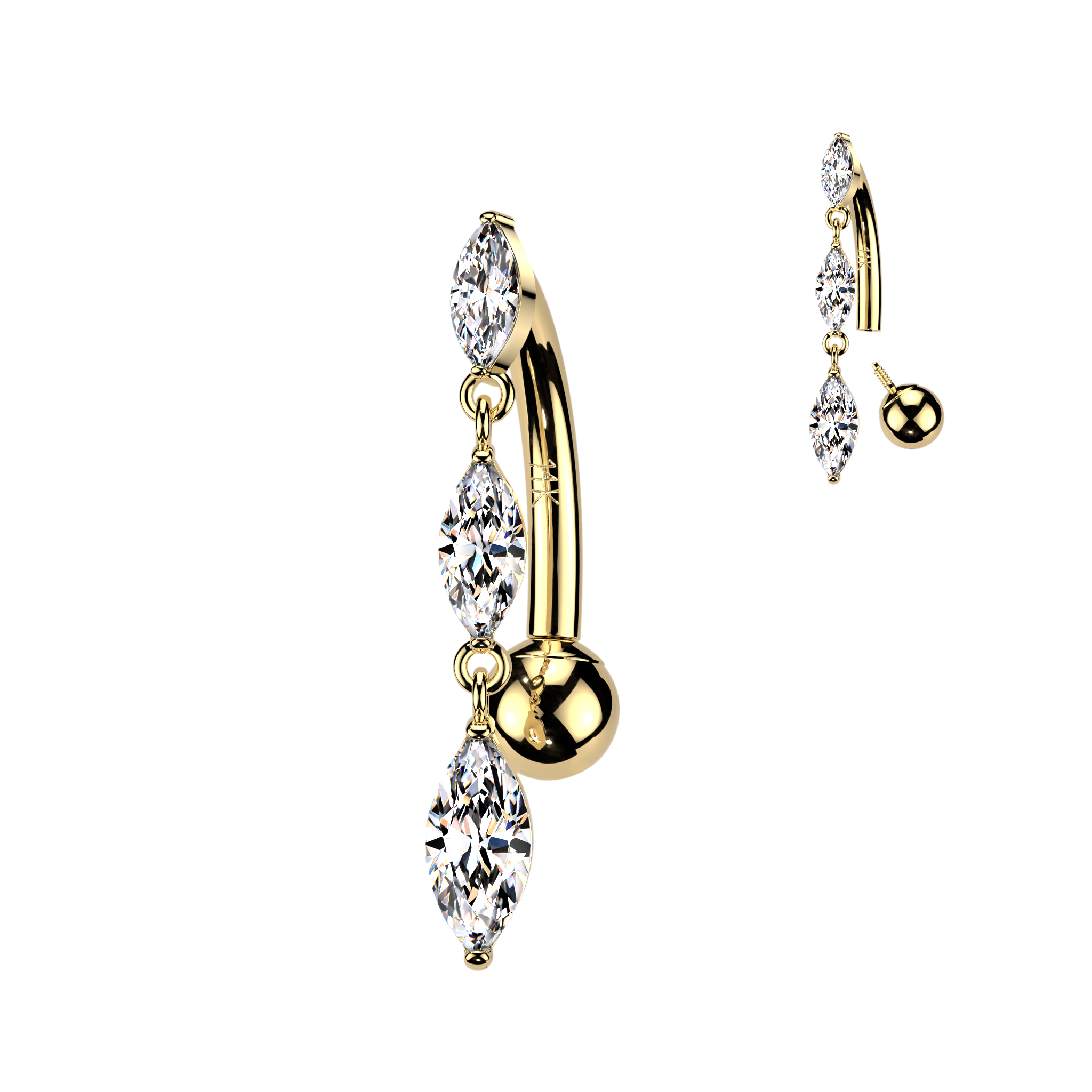 14K Gold Internally Threaded Reverse Belly Ring With Triple Marquise Cubic Zirconia Dangle
