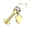 Internally Threaded Bezelled Heart Drop Body Jewellery Stud in 14K Yellow Gold.