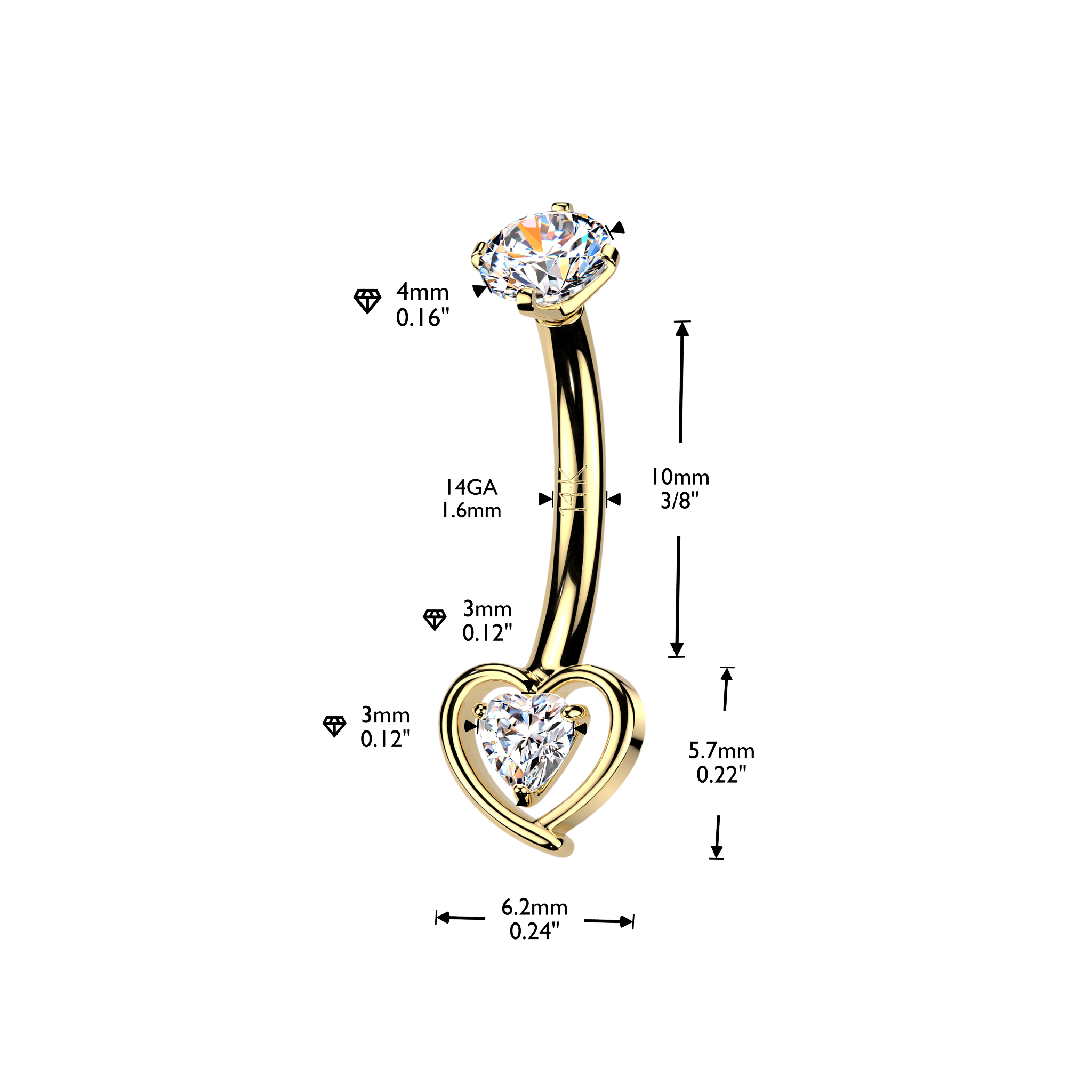 14K Gold Internally Threaded Cubic Zirconia Heart Cut Out Belly Ring