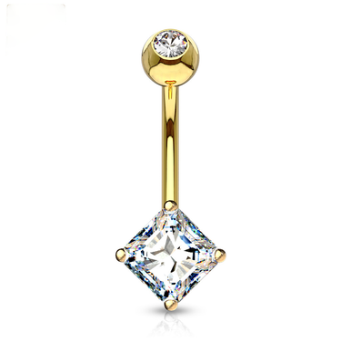 Solid 14K Yellow Gold Navel Ring with Square Princess‑Cut Cubic Zirconia