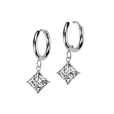 Surgical Steel Prong Set Cubic Zirconia Diamond Dangle Hinged Hoop Earring (PAIR)