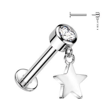 Internally Threaded 14K White Gold Bezel Set CZ Top and Star Dangle Labret