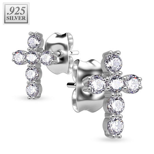 925 Sterling Silver Cross Studs. Butterfly Back Earrings (PAIR)