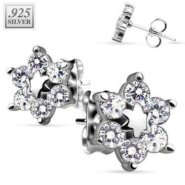 Sterling Silver Star Flower Stud Earrings with Cubic Zirconia Petals
