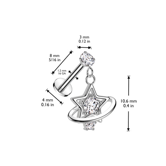 Celestial Halo Star Dangle in Silver. Labret, Monroe, Tragus and Cartilage Earrings.