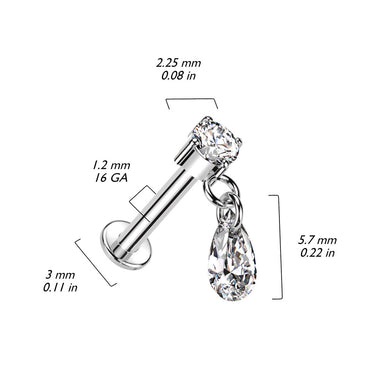 Internally Threaded 14K Yellow Gold Prong Set CZ Top and Teardrop Dangle Labret