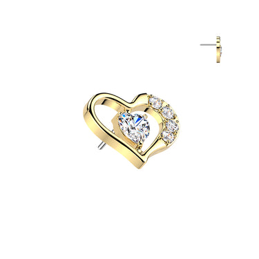 Gold Plated Titanium Threadless Push‑In Heart Top with Cubic Zirconia Centre