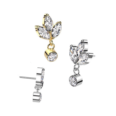 Gold Plated Titanium Threadless 3 Marquise and Round Dangle Top