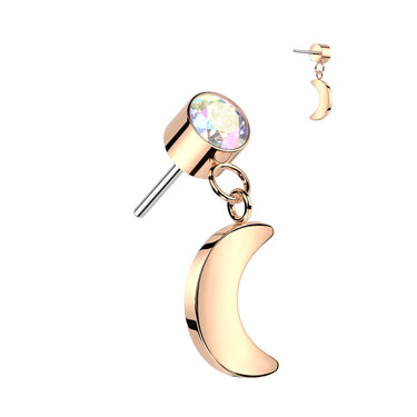 Rose Gold Plated Titanium Threadless Push In Round Bezel Set CZ With Crescent Moon Dangle