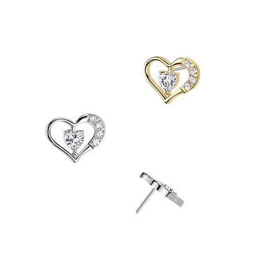 Gold Plated Titanium Threadless Push‑In Heart Top with Cubic Zirconia Centre