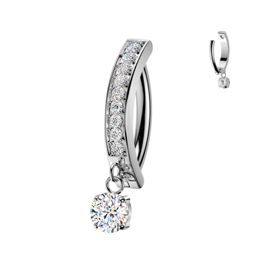 Titanium Hinged Hoop Belly Ring With CNC Set Cubic Zirconias & Prong Set Dangle