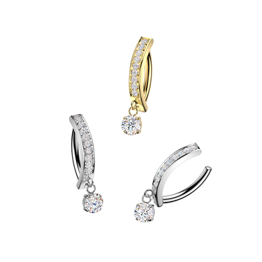 Gold Titanium Hinged Hoop Belly Ring With CNC Set Cubic Zirconias & Prong Set Dangle