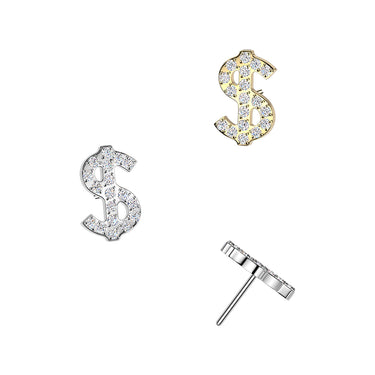 Gold Plated Titanium Threadless Push‑In Pave Cubic Zirconia Dollar Sign